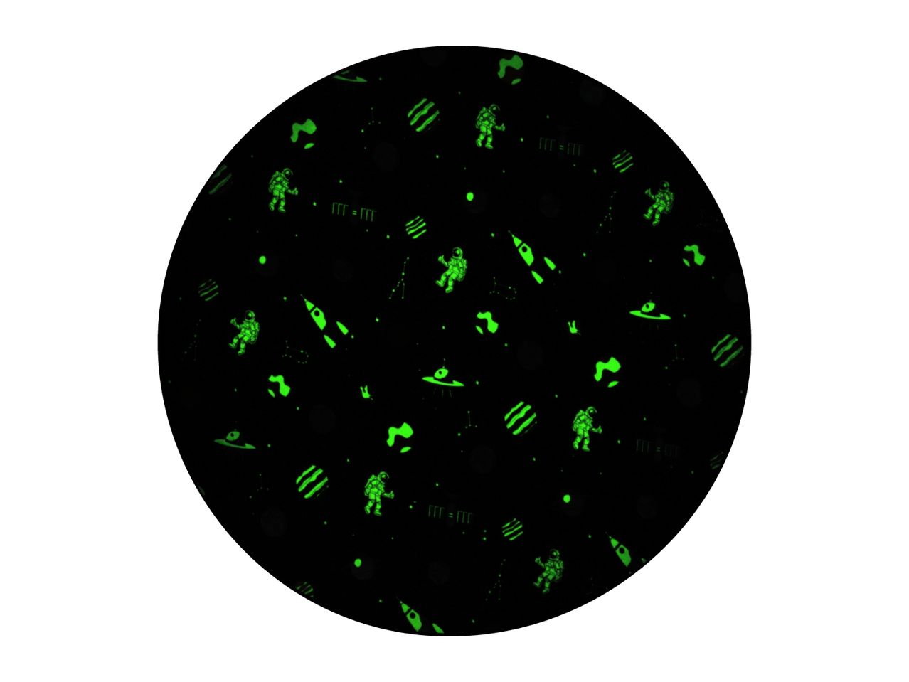 Glow-in-the-dark space-themed pattern with astronauts, rockets, and planets.
