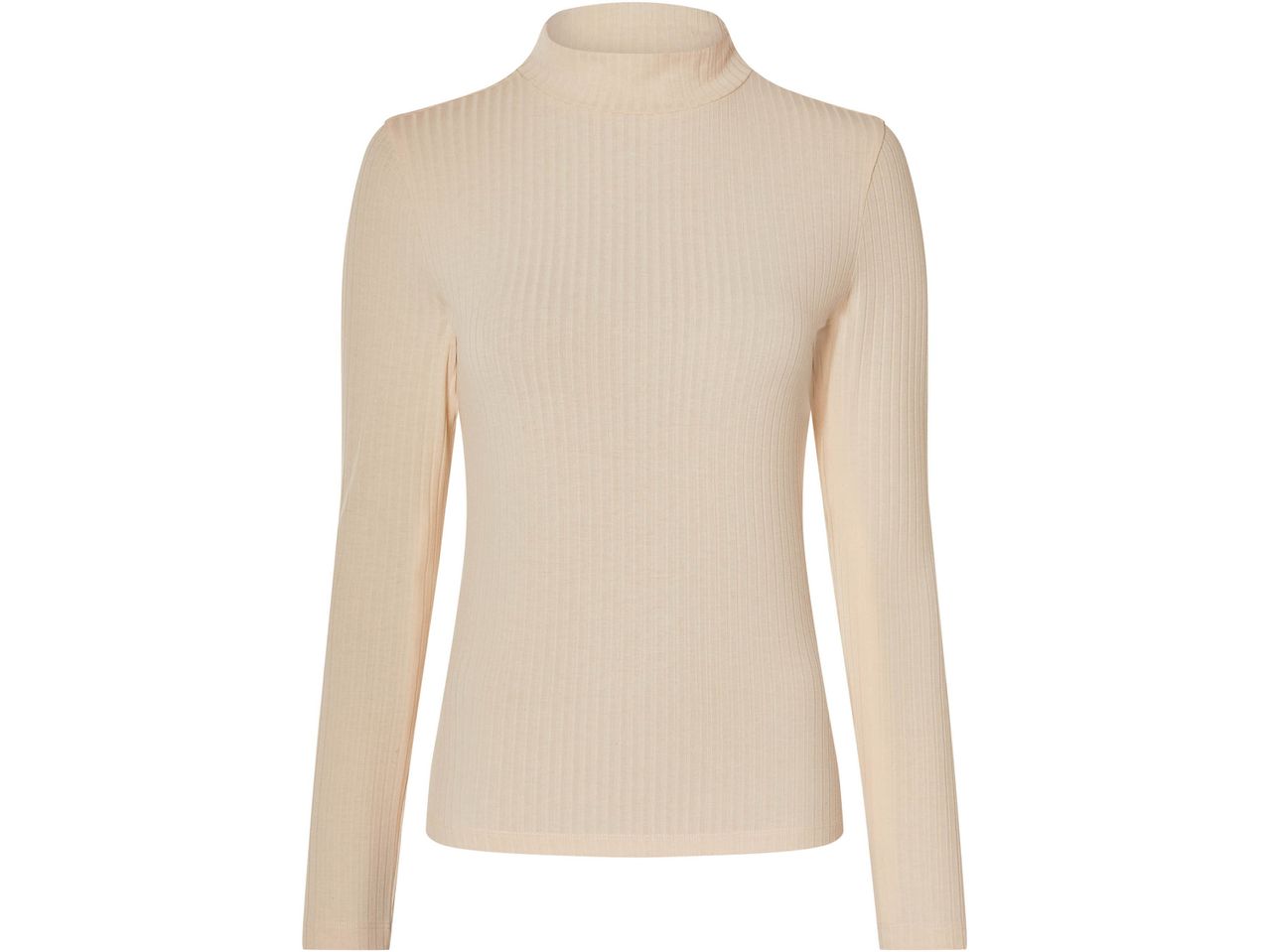 Ribbed long-sleeve turtleneck top in a light beige color.