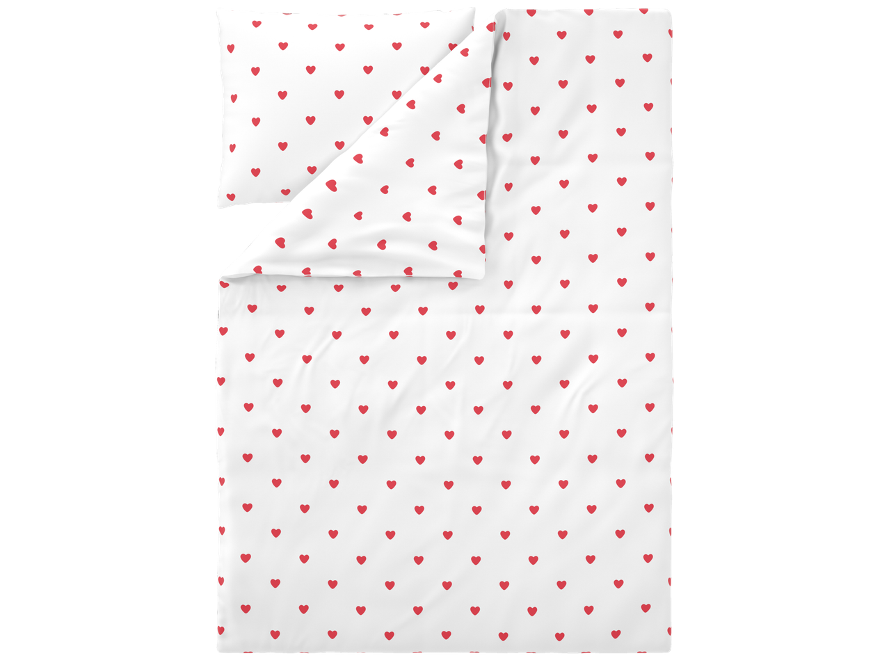 Бял плик за завивка и калъфка за възглавница с червени сърца, част от промоция за спално бельо.