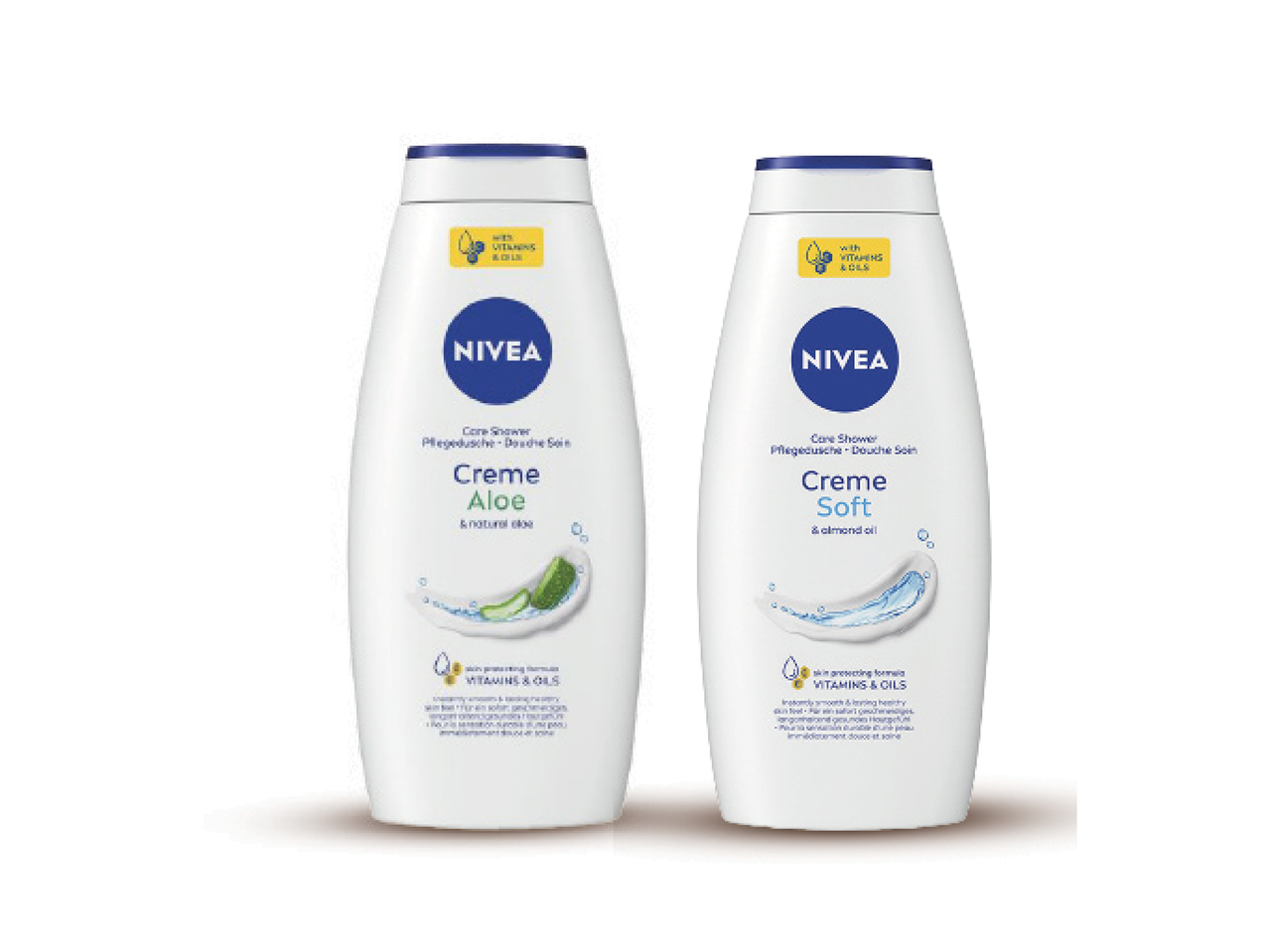 Du Nivea dušo želė buteliukai, vienas su alaviju, kitas su migdolų aliejumi.