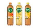 Tre flasker iste med fersken, citron og mango, alle sukkerfri.