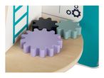 Three colorful wooden gears on a wooden surface, part of a toy set.