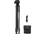 Black tripod, USB cable, and a black pouch with a red and white logo.