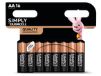 Duracell Simply AA 16-pack batterijen met de Duracell-konijn en de tekst 'Quality Guaranteed'.