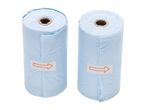 Two rolls of light blue plastic bags with arrows indicating dispensing direction.