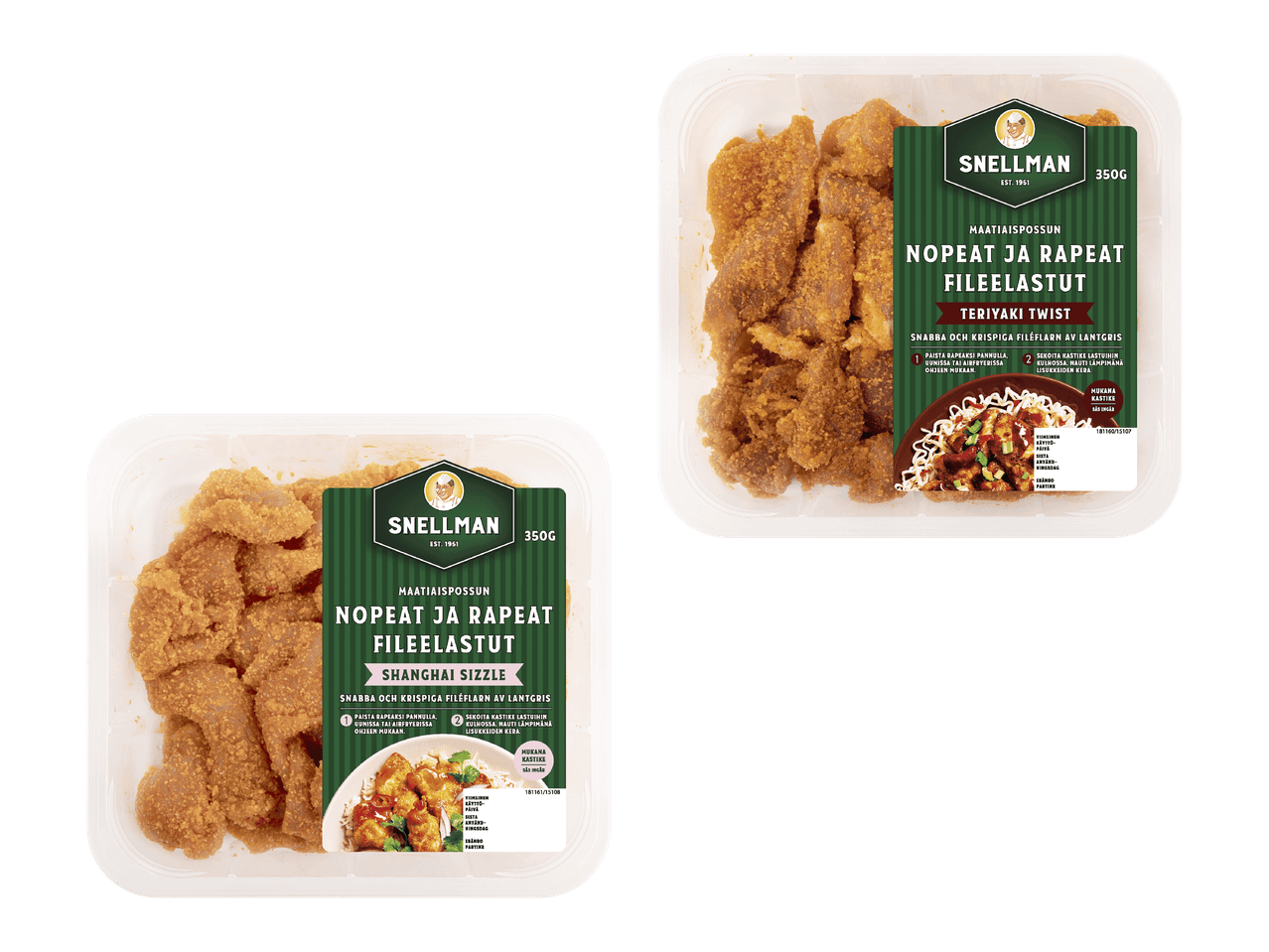 Kaksi pakkausta rapeita porsaanfileelastuja, toinen Teriyaki Twist -maulla ja toinen Shanghai Sizzle -maulla.