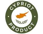 Κυκλική πράσινη και λευκή σφραγίδα με το κείμενο 'CYPRIOT PRODUCT' και έναν χάρτη της Κύπρου.