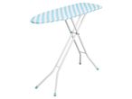 An ironing board with a blue and white striped cover.