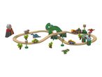 A wooden dinosaur-themed train set with tracks, vehicles, and a volcano.