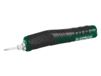 Șurubelniță electrică fără fir în negru și verde cu un bit metalic.