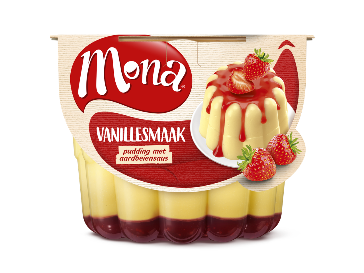 Vanillepudding met aardbeiensaus in een verpakking, met een afbeelding van de pudding en aardbeien.