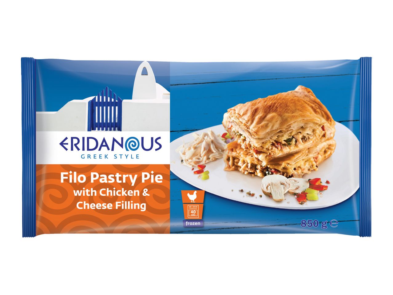 Frozen filo pastry pie with chicken and cheese filling, 850g.