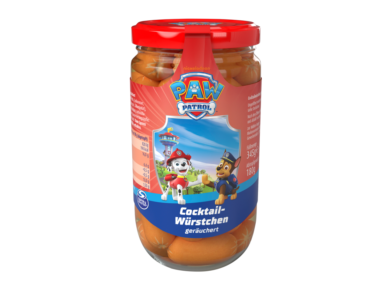 Ein Glas geräucherter Cocktailwürstchen mit Paw Patrol Motiv.