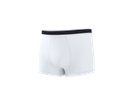 Boxers brancos masculinos com cós elástico preto, vista traseira.