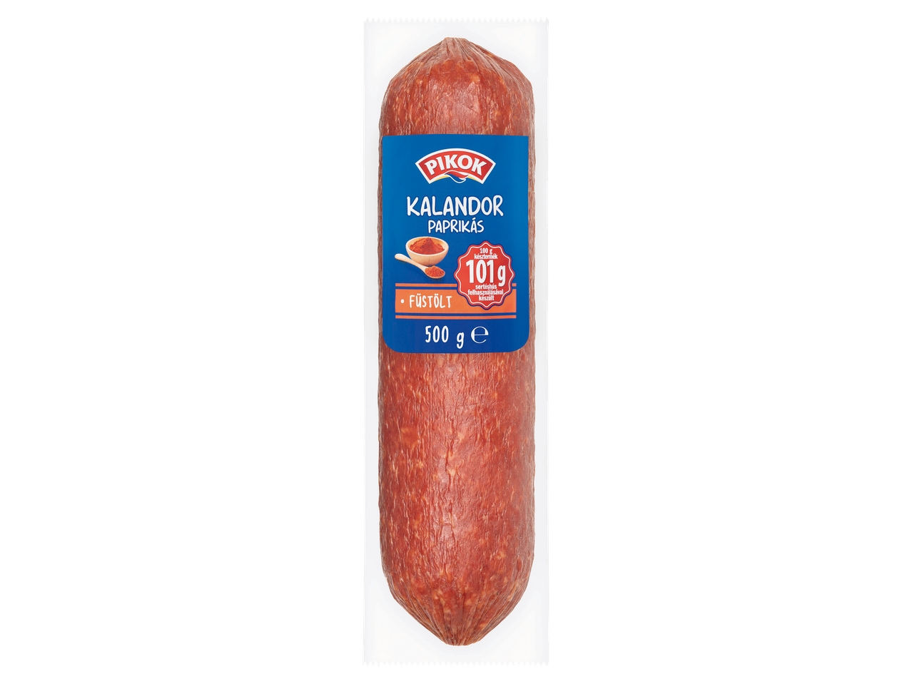 Paprikás, füstölt kalandor kolbász 500 g-os kiszerelésben.