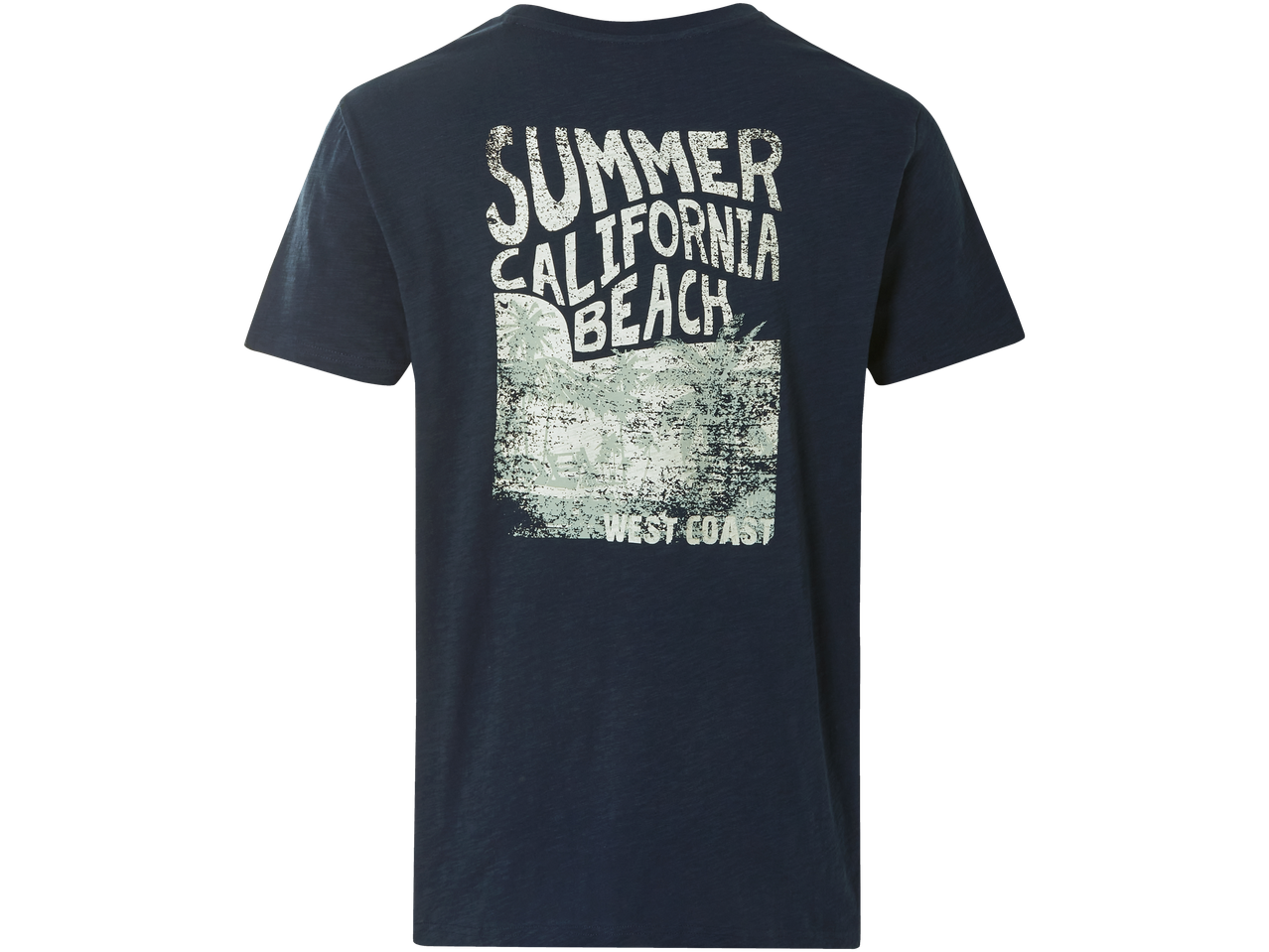 Un tricou bleumarin închis cu un imprimeu pe spate care spune 'Summer California Beach West Coast'.