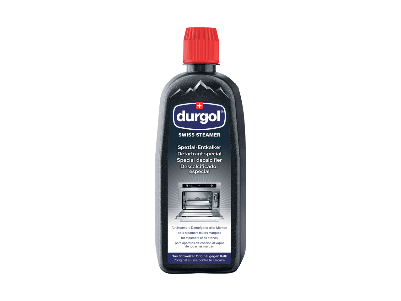 Bouteille de Durgol Swiss Steamer, un détartrant spécial pour cuiseurs vapeur.