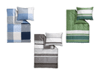 Drei Bettwäsche-Sets in Blau, Grün und Grau mit verschiedenen Mustern.