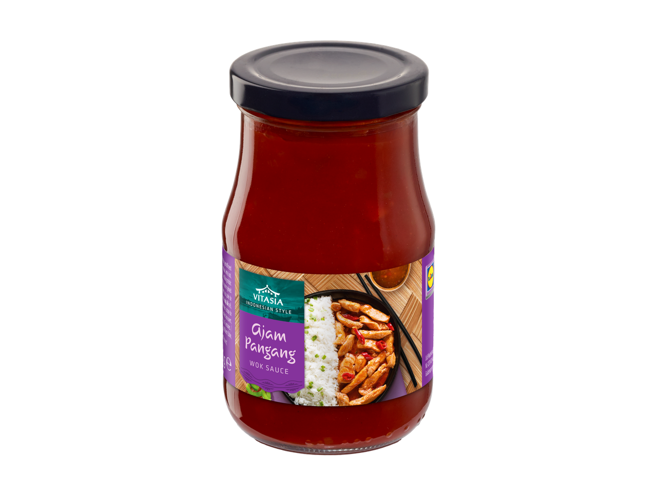 Vitasia Ajam Pangang Wok Saus in een glazen pot met een etiket dat kip en rijst toont.