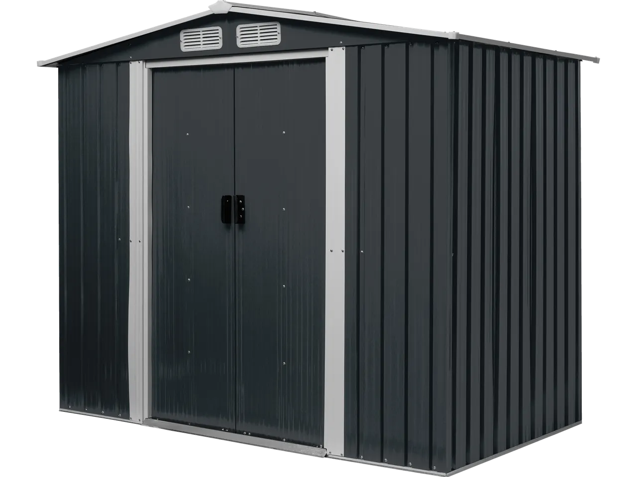 Dark grey metal garden shed with double doors and white trim.