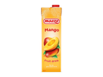 Gele fruitdrankverpakking met mango-afbeelding en de tekst 'Fruit drink'.