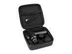 Black massage gun kit with various attachments and a charging cable in an open case