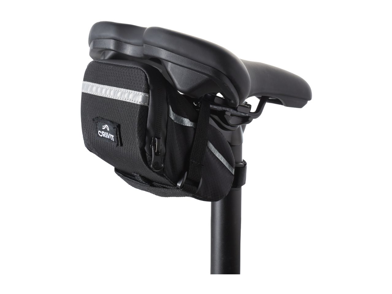A Crivit black bike seat bag attached to a bicycle seat.