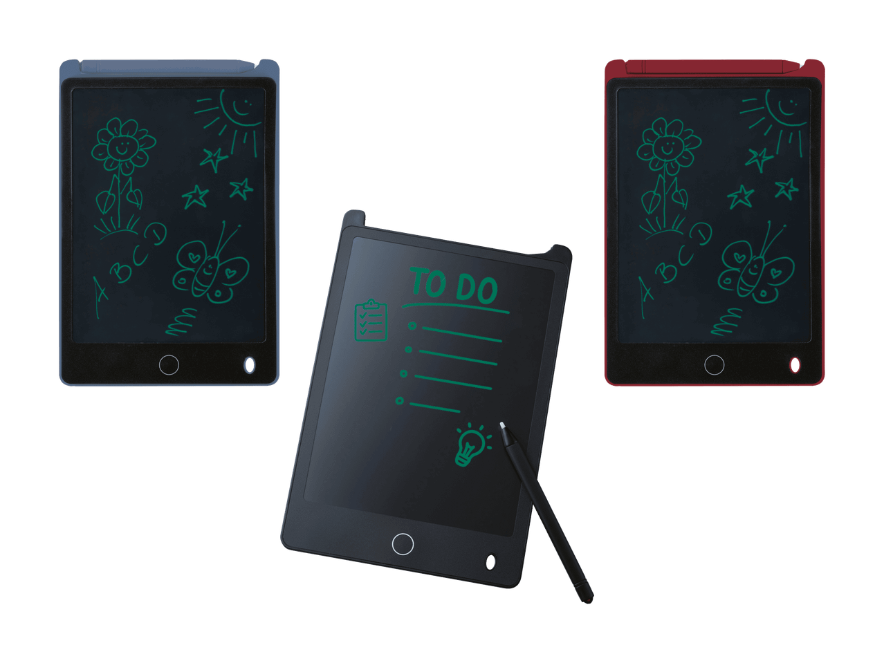 Trois tablettes d'écriture LCD, une bleue, une rouge avec des dessins d'enfants, et une noire avec une liste de tâches.