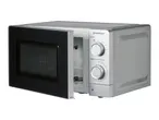 Silver and black microwave oven with the door slightly ajar, showing power and timer dials.