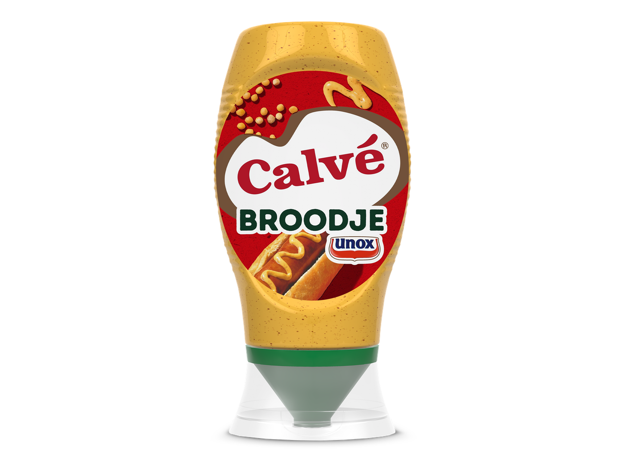 Mosterdsaus in een knijpfles met een afbeelding van een broodje worst met mosterd.