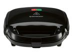 Black sandwich maker with red and green indicator lights on top.