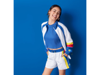 Roupas esportivas Lidl: jaqueta, top e shorts estilo retrô.