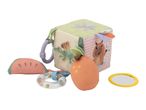 Soft activity cube with animal illustrations, a watermelon teether, rattle, and mirror.