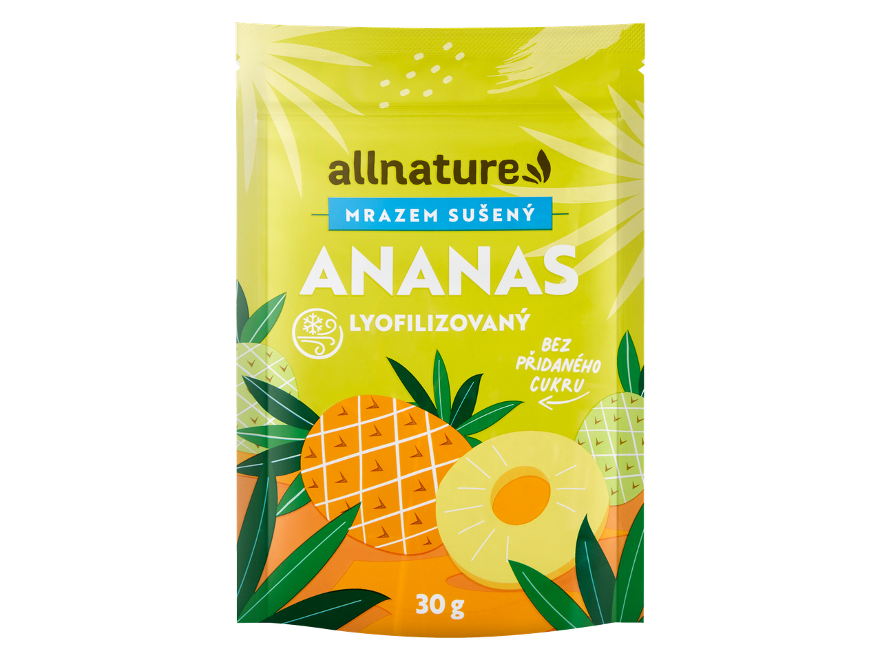 Pachet Allnature de ananas liofilizat, fără zahăr adăugat, cu ilustrații de ananas.