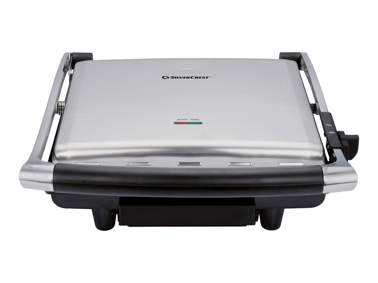 Closed stainless steel grill with power and ready indicator lights, front view.