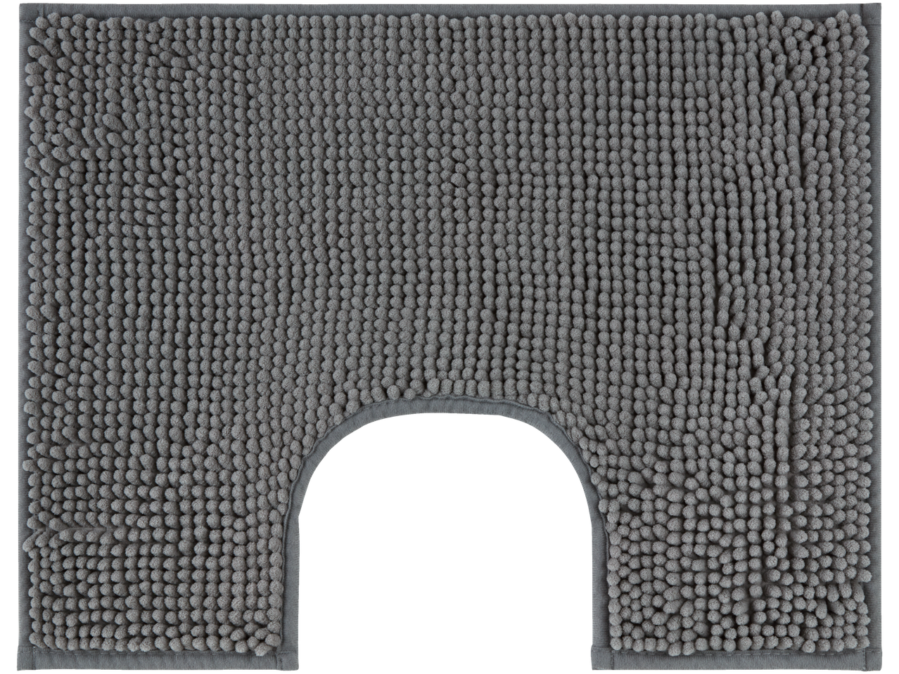 Pelēks U veida vannas istabas paklājiņš.