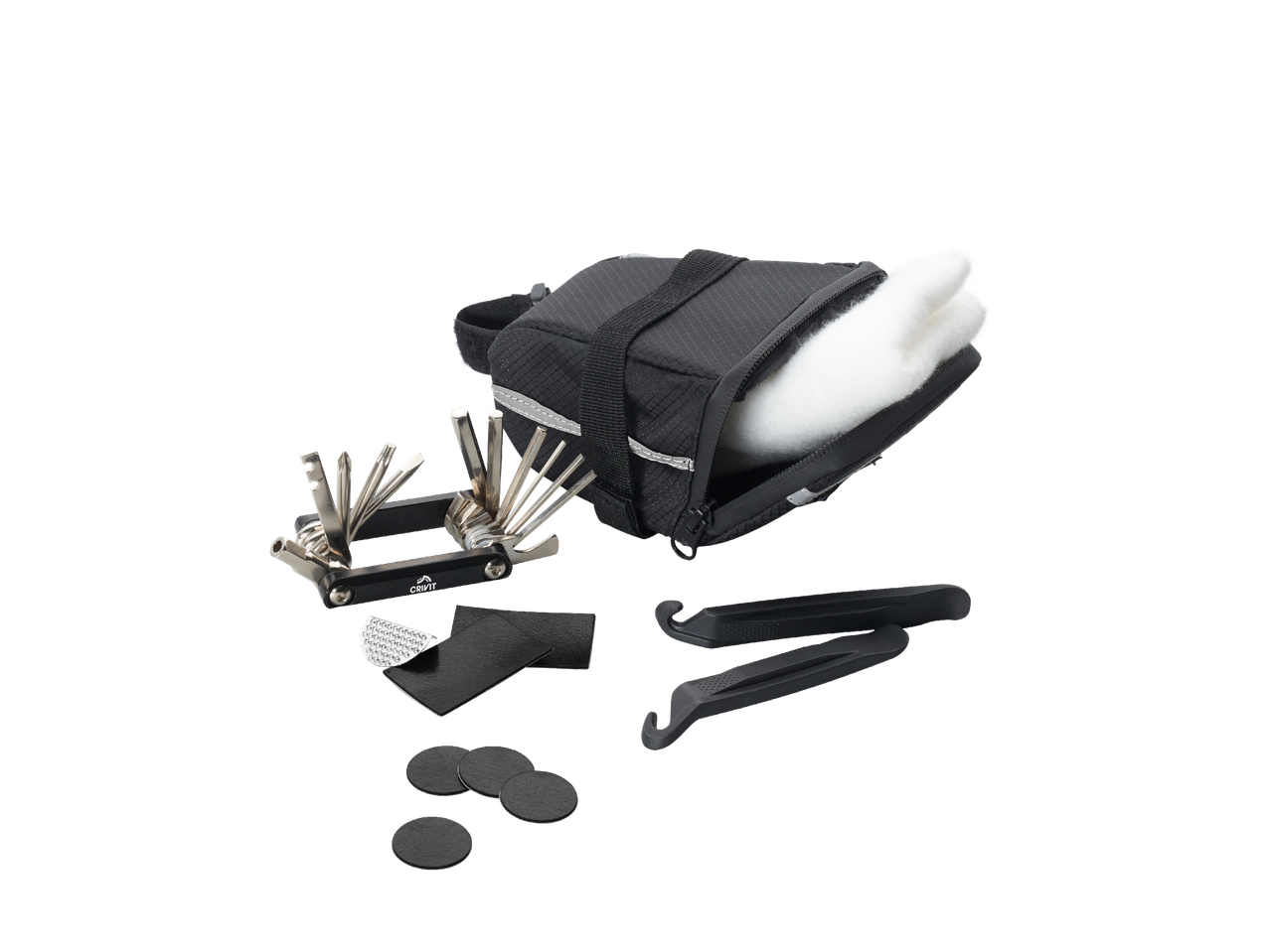 Комплект за ремонт на велосипед, включващ мултифункционален инструмент, лепенки за гуми и лостчета за гуми, до черна чанта.