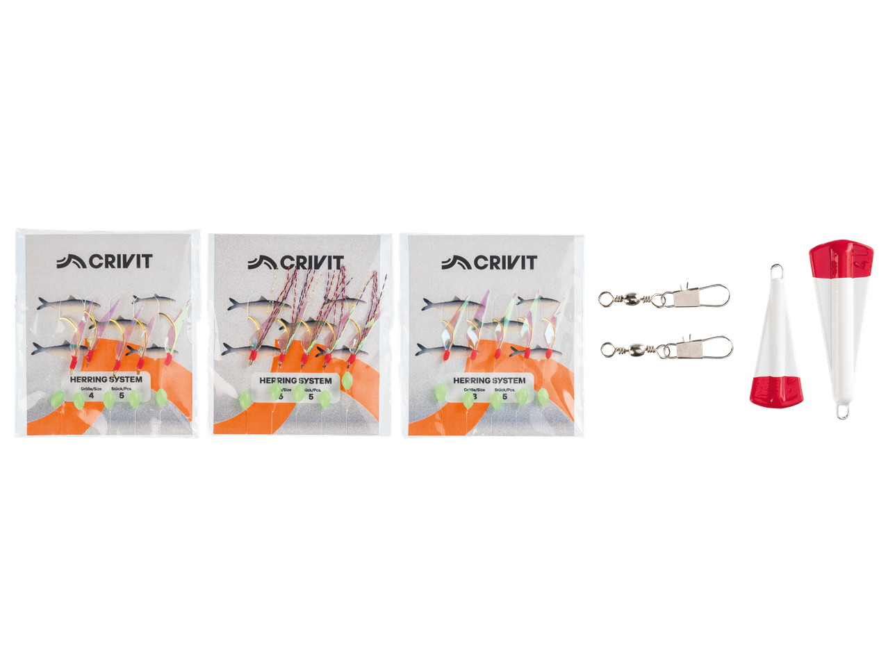 CRIVIT Vorfachhaken-Set mit 3 Packungen Heringssystemen und Angelzubehör.
