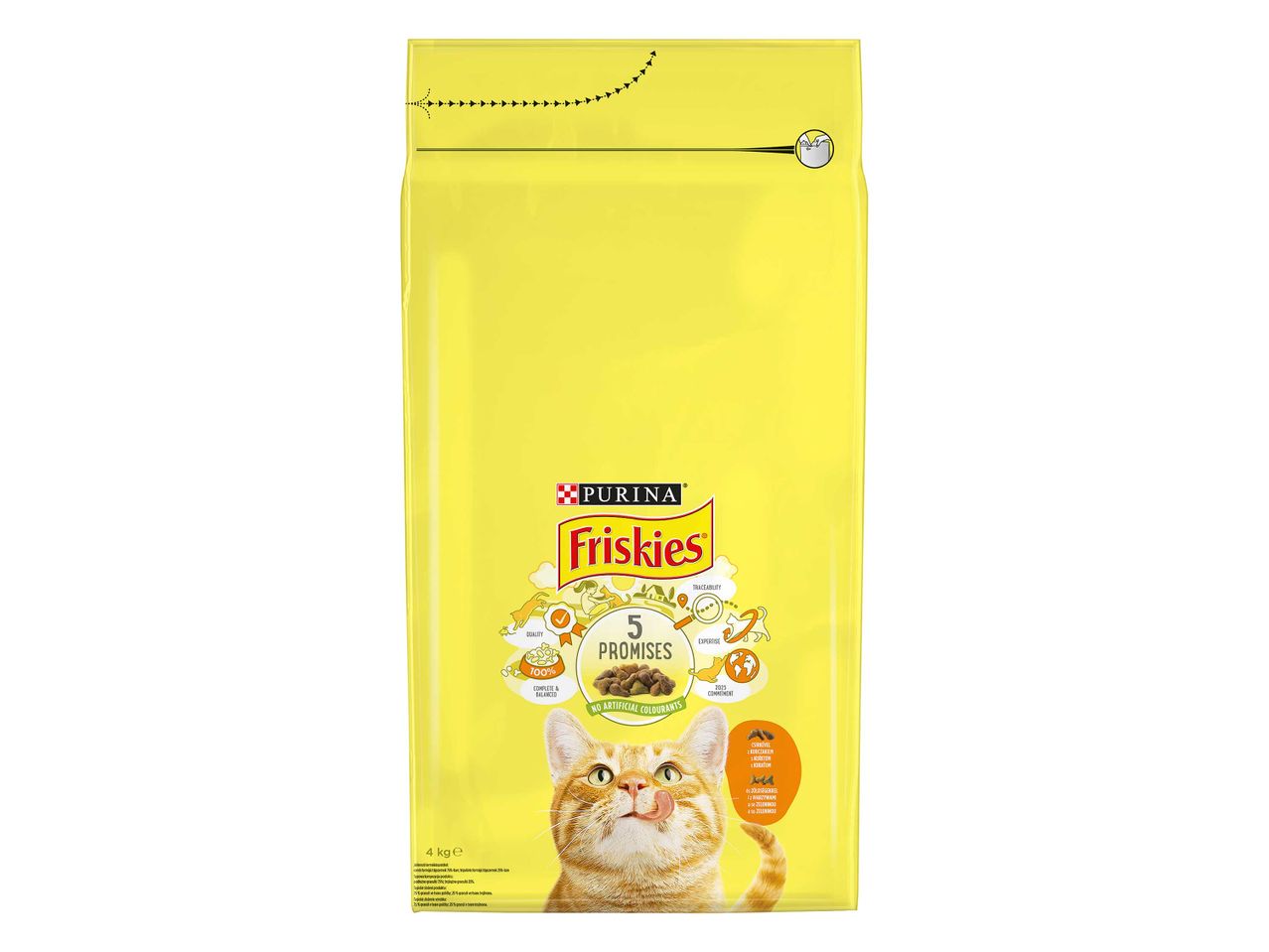 Sárga Friskies macskaeledel zsák, amelyen egy narancssárga macska látható, amint megnyalja a száját.