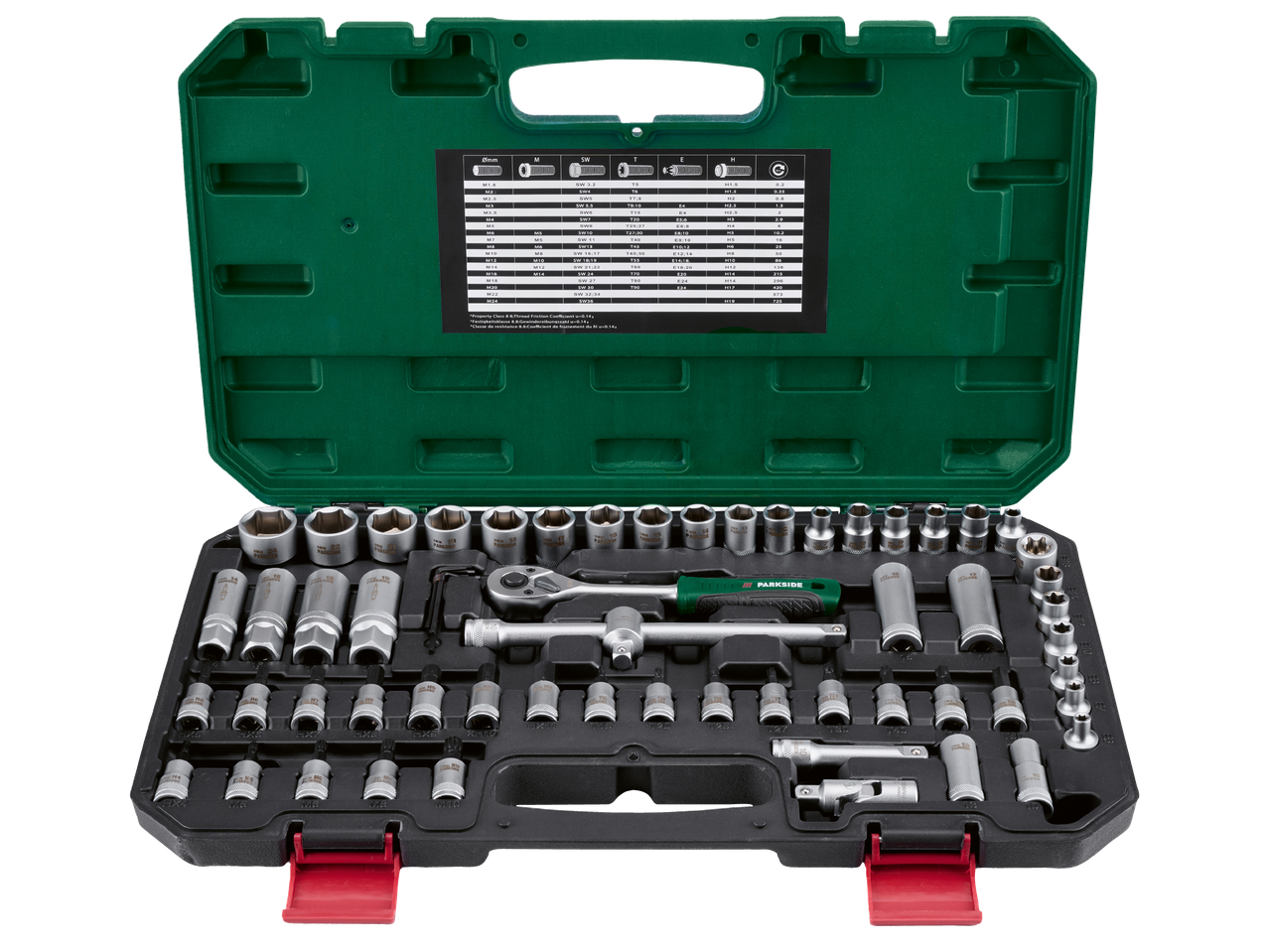Комплект инструменти с тресчотка, вложки, битове и удължители в зелена кутия с таблица за размери.