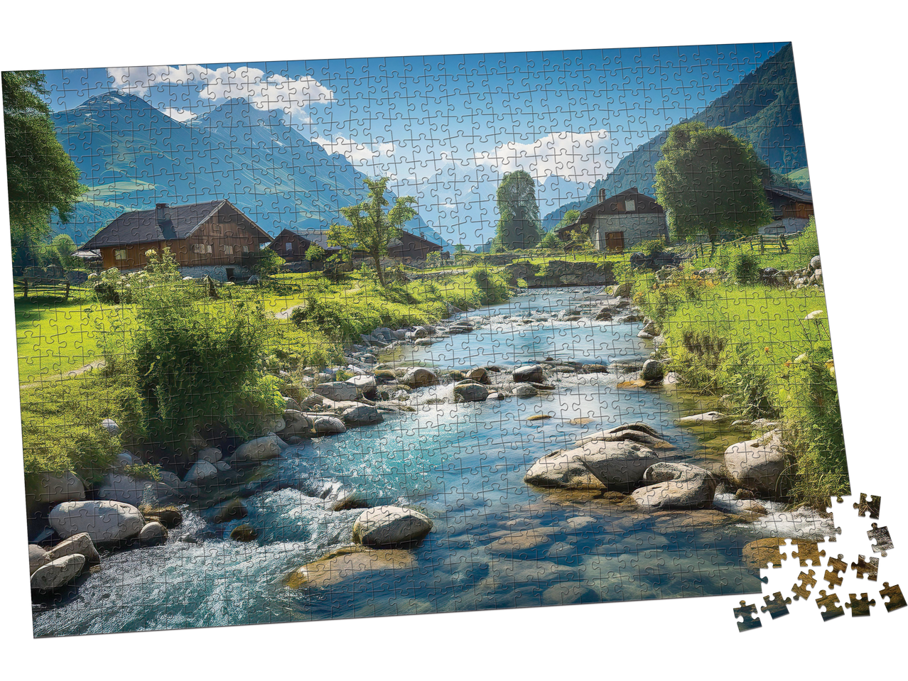 Lupilu pusle mägimaastiku, jõe ja puitmajadega