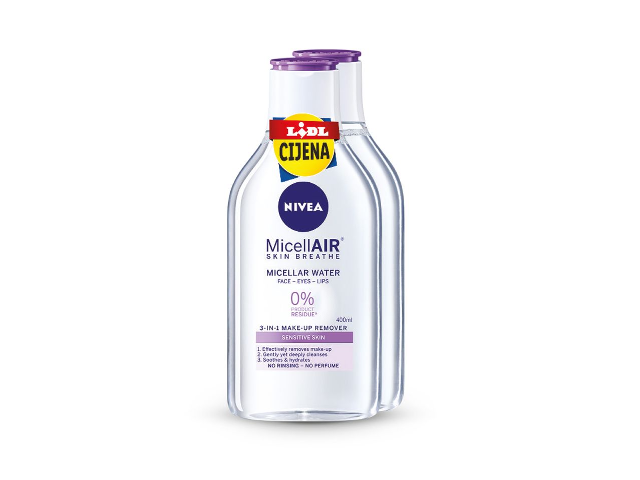 Dvije bočice Nivea MicellAIR micelarne vode za čišćenje lica.
