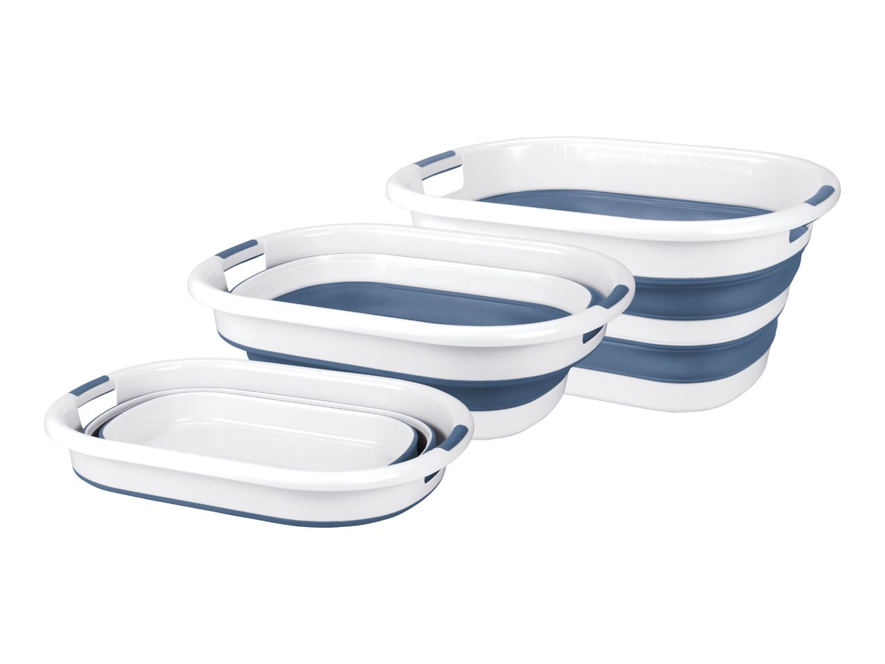 Three collapsible laundry baskets in different sizes