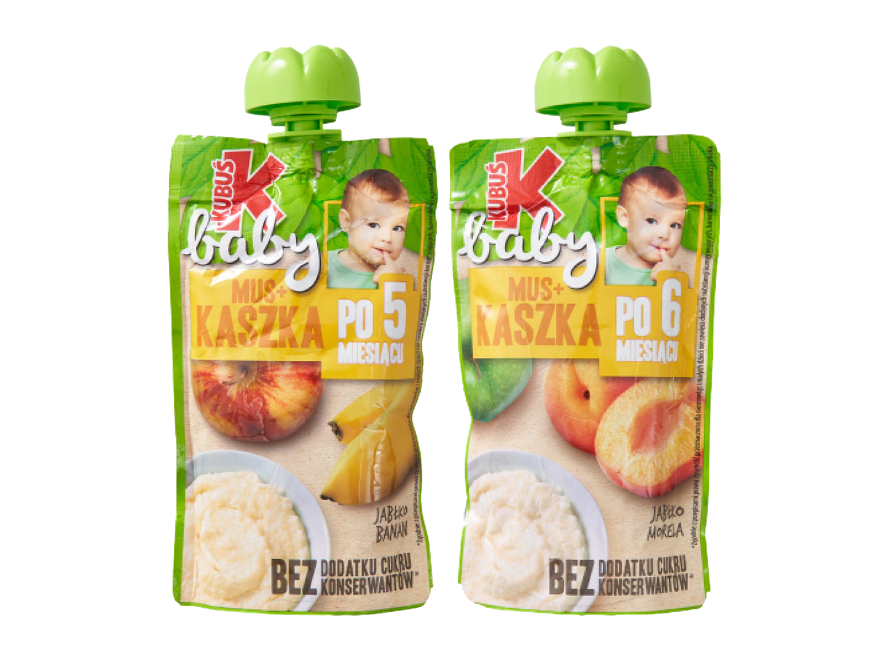 Divas Kubuś Baby biezeņu paciņas ar augļiem un putru, viena ar banānu un ābolu, otra ar aprikozēm un ābolu.