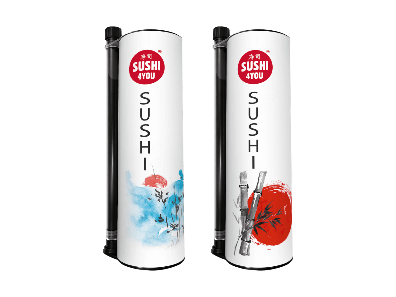 Zwei weiße zylindrische Behälter mit Sushi-Logo und japanisch inspirierten Designs.