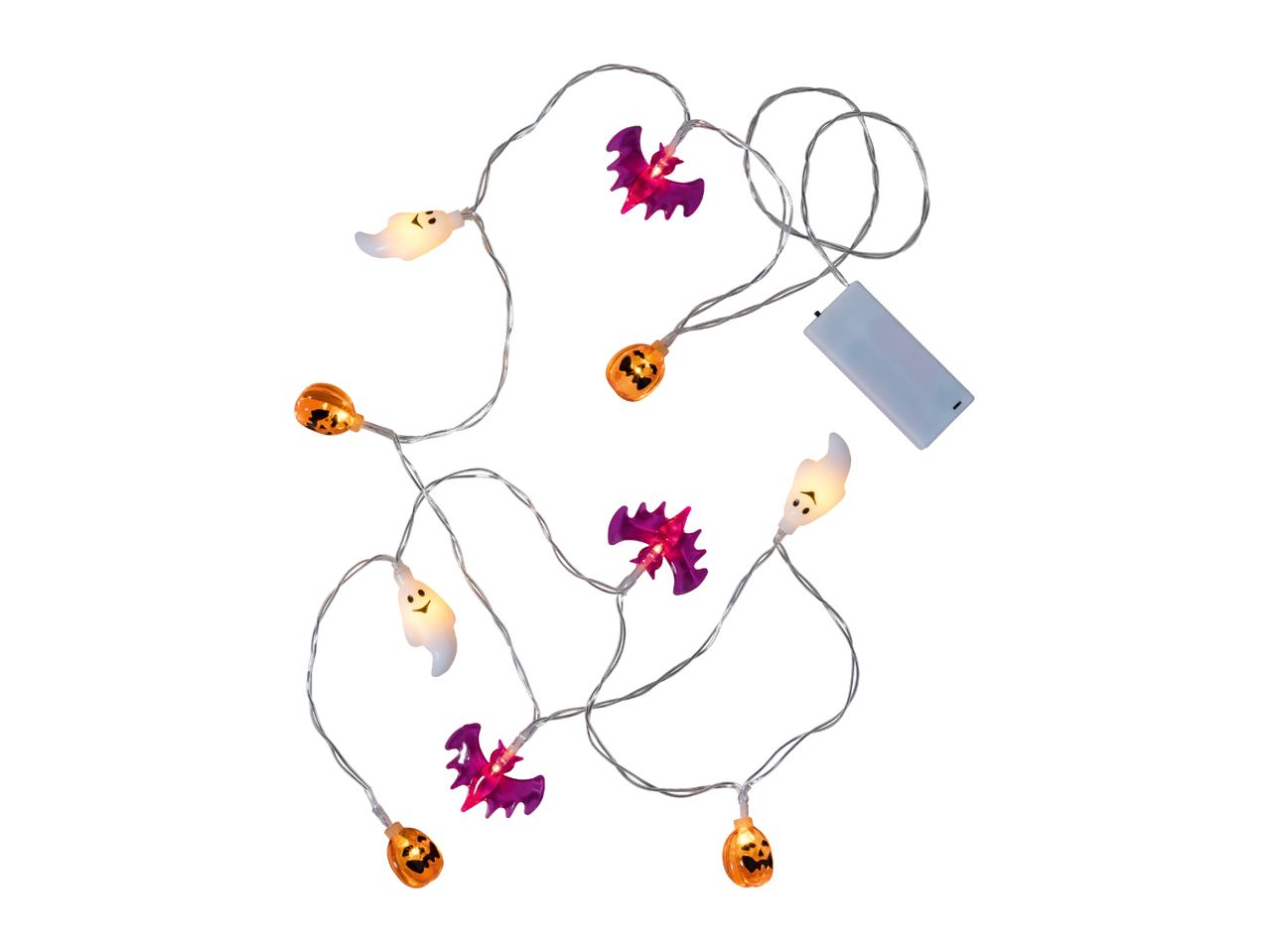 Halloween LED string lights with ghost, bat, and pumpkin shapes