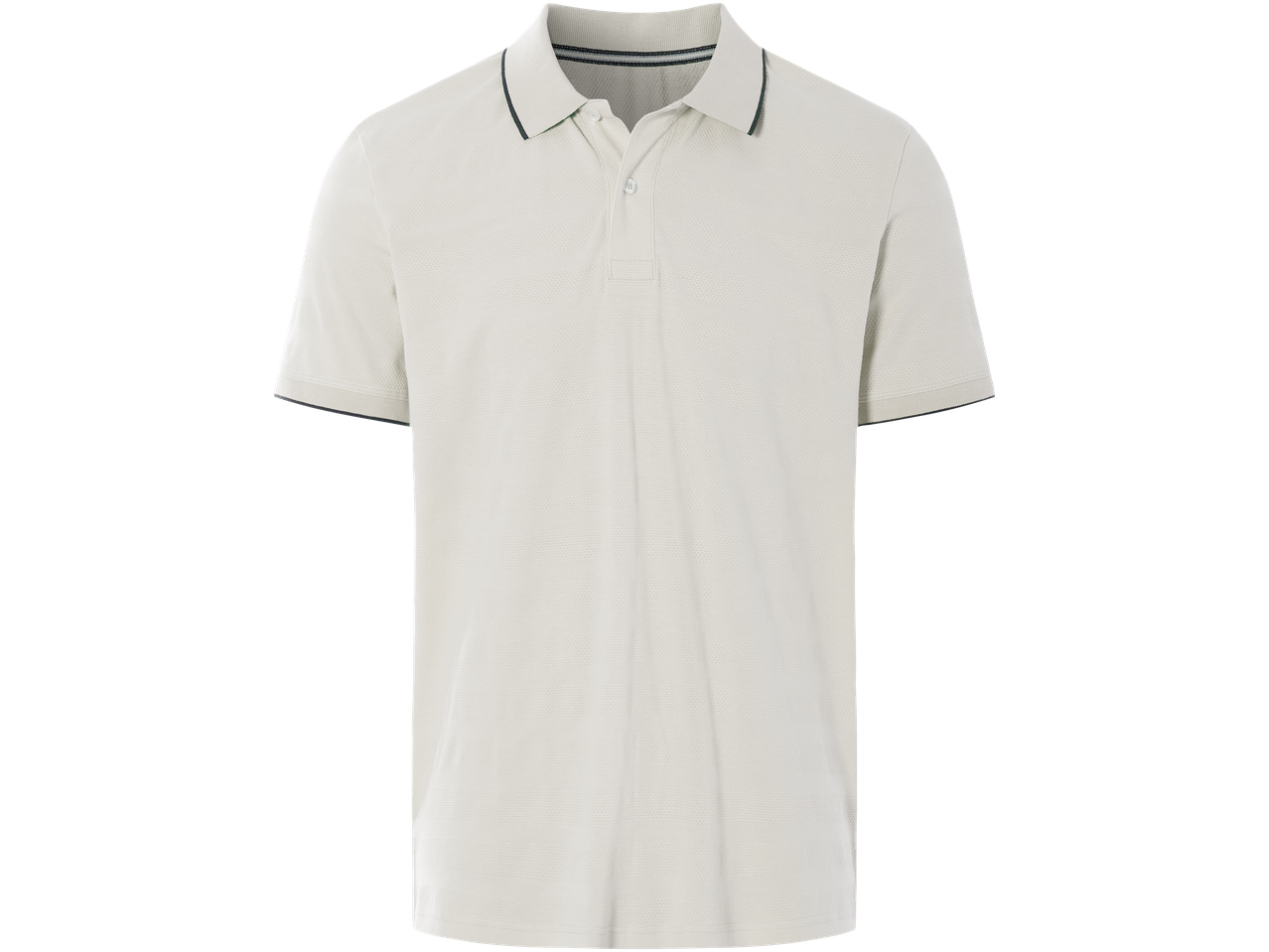 Gaiškrēma vīriešu polo krekls ar tumši zaļu apmali.