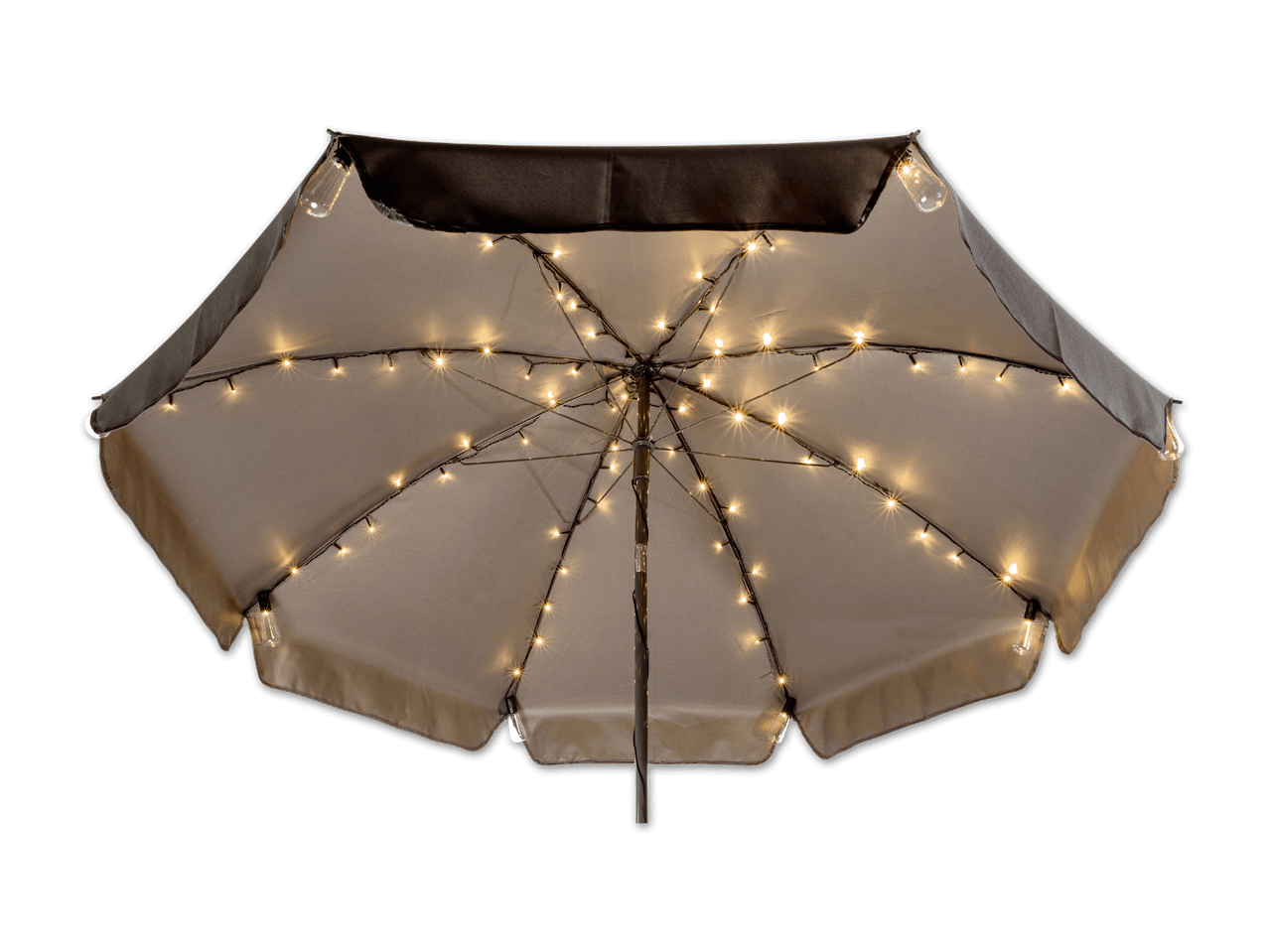 Beige Garten-Sonnenschirm mit integrierten LED-Lichtern.