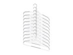 A stack of white plastic clothes hangers with grey non-slip grips and metal hooks.