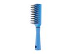 A blue plastic hairbrush with black bristles stands upright against a white background.